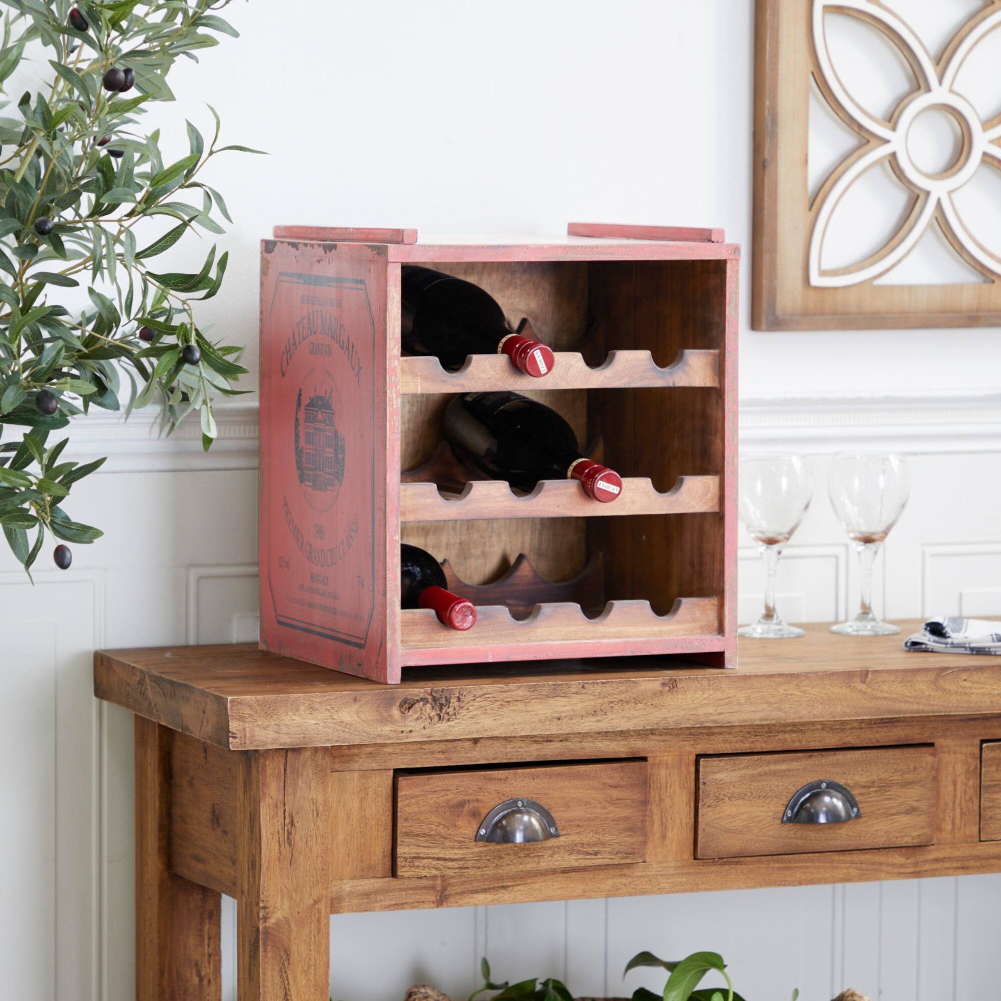16" Red Wood Farmhouse Wine Rack